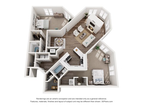 a stylized floor plan with a bedroom and a living room